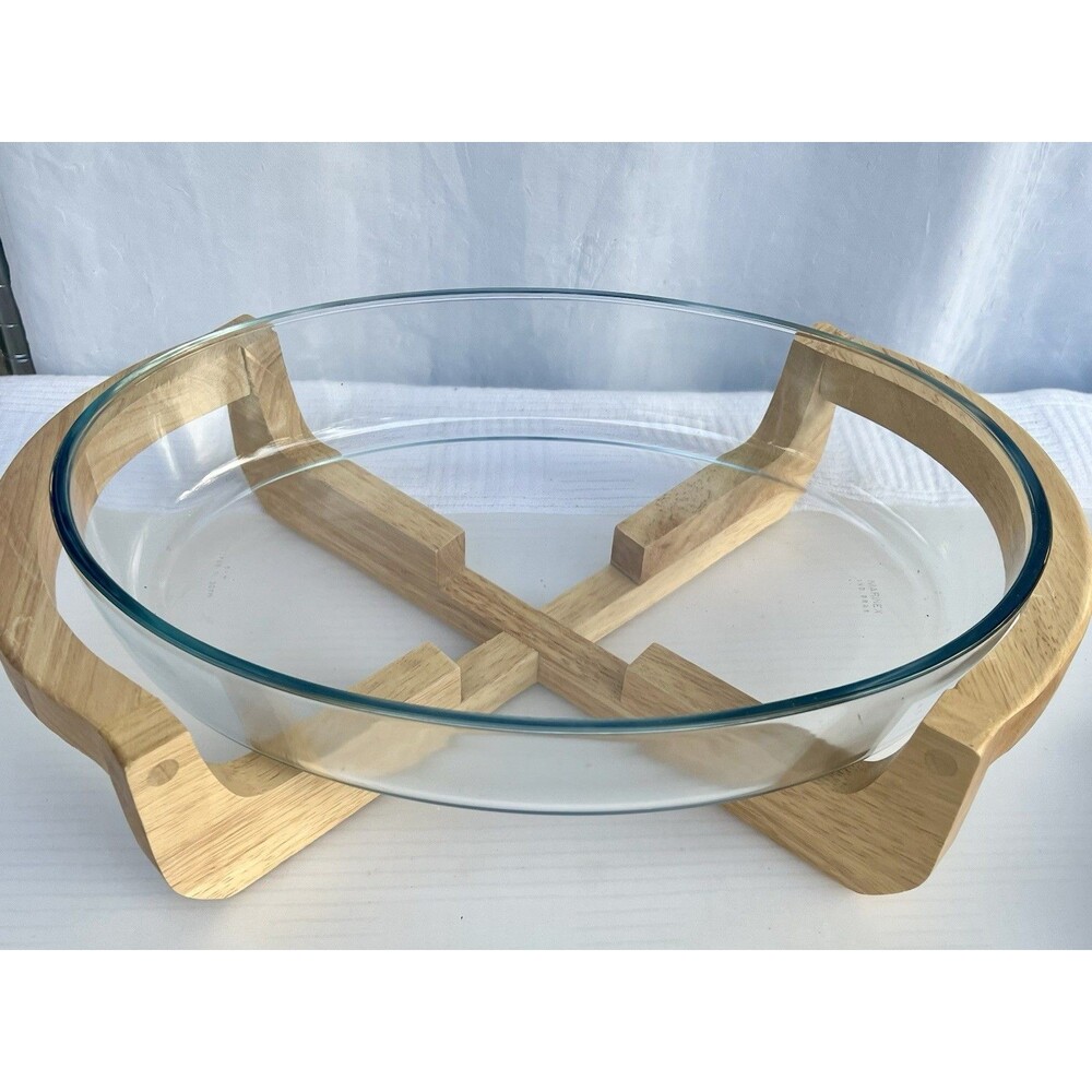1970’s Marinex Glass Casserole Dish 13.5x9.5" Brazil Teakwood Cradle Stand